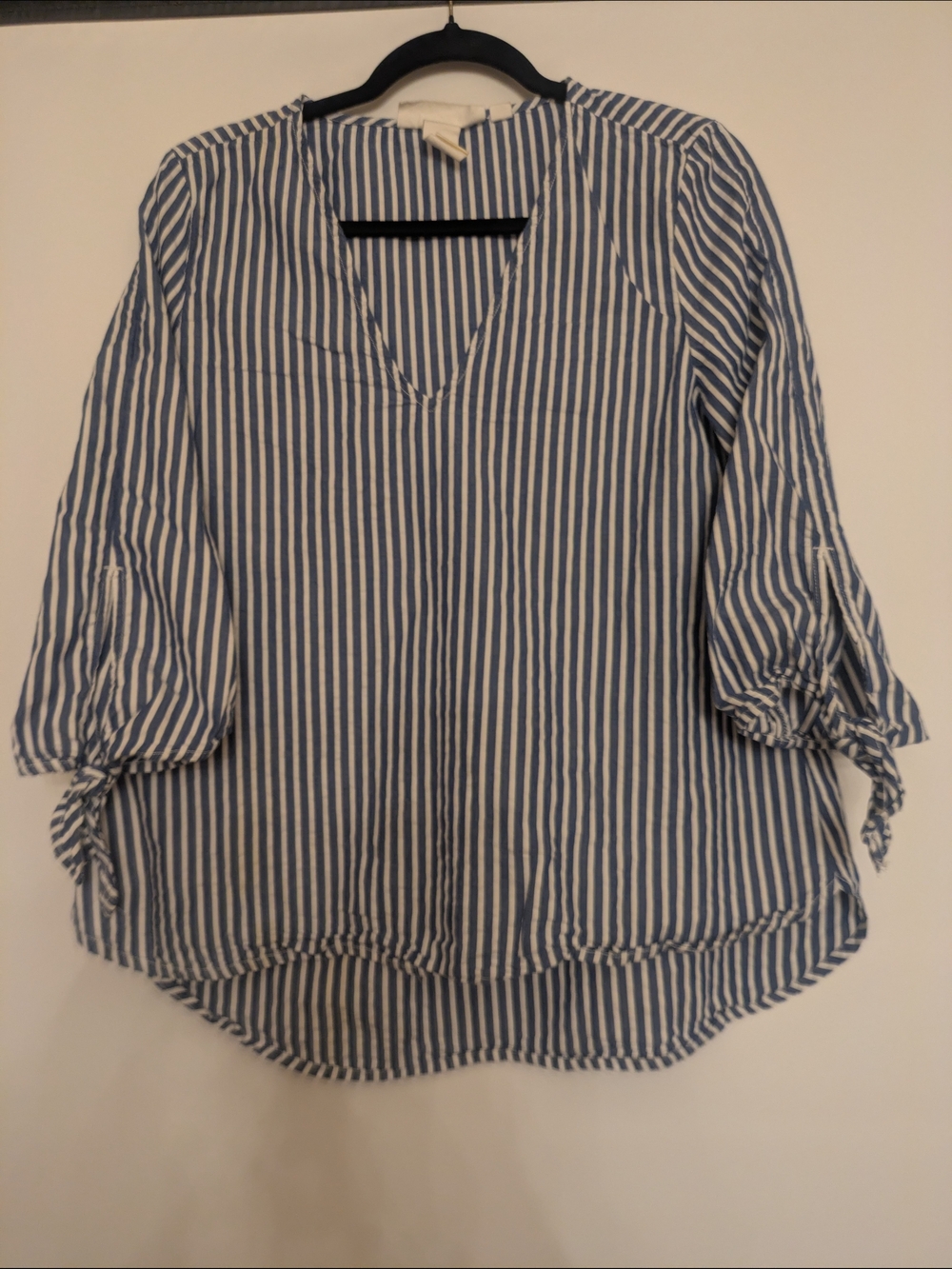 Blue and White Striped V-Neck Tie-Sleeve Blouse